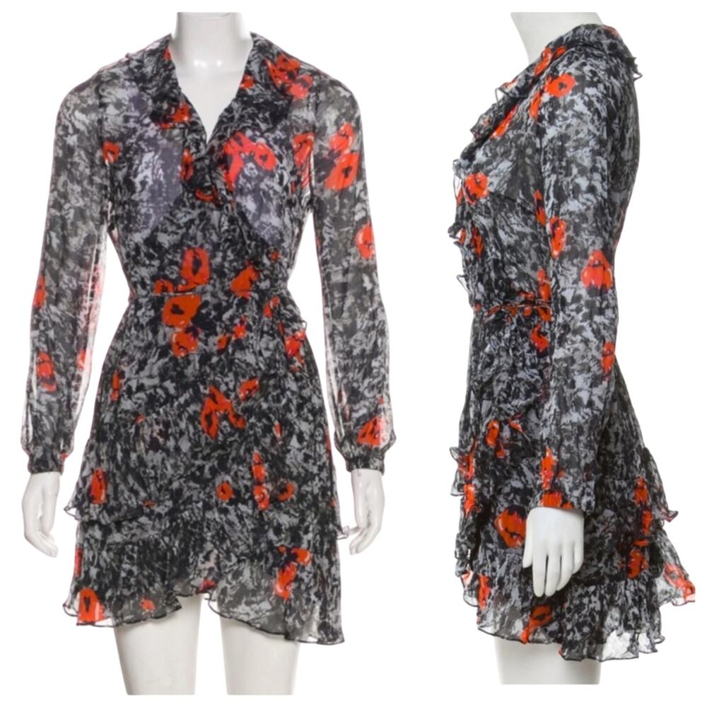 IRO Vilia Floral Print Black & Red Ruffle Chiffon Mini Wrap Dress Women’s 36